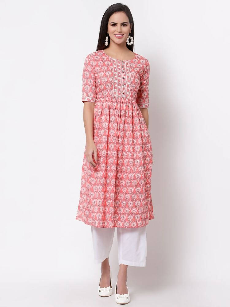 Myshka Women's Pink Printed 3/4 Sleeve Cotton Round Neck Dress | Grocsy
