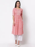 Myshka Women's Pink Printed 3/4 Sleeve Cotton Round Neck Dress | Grocsy
