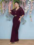 Joban Fashion Wine Hand Embellished Velvet Gown With Belt | Grocsy