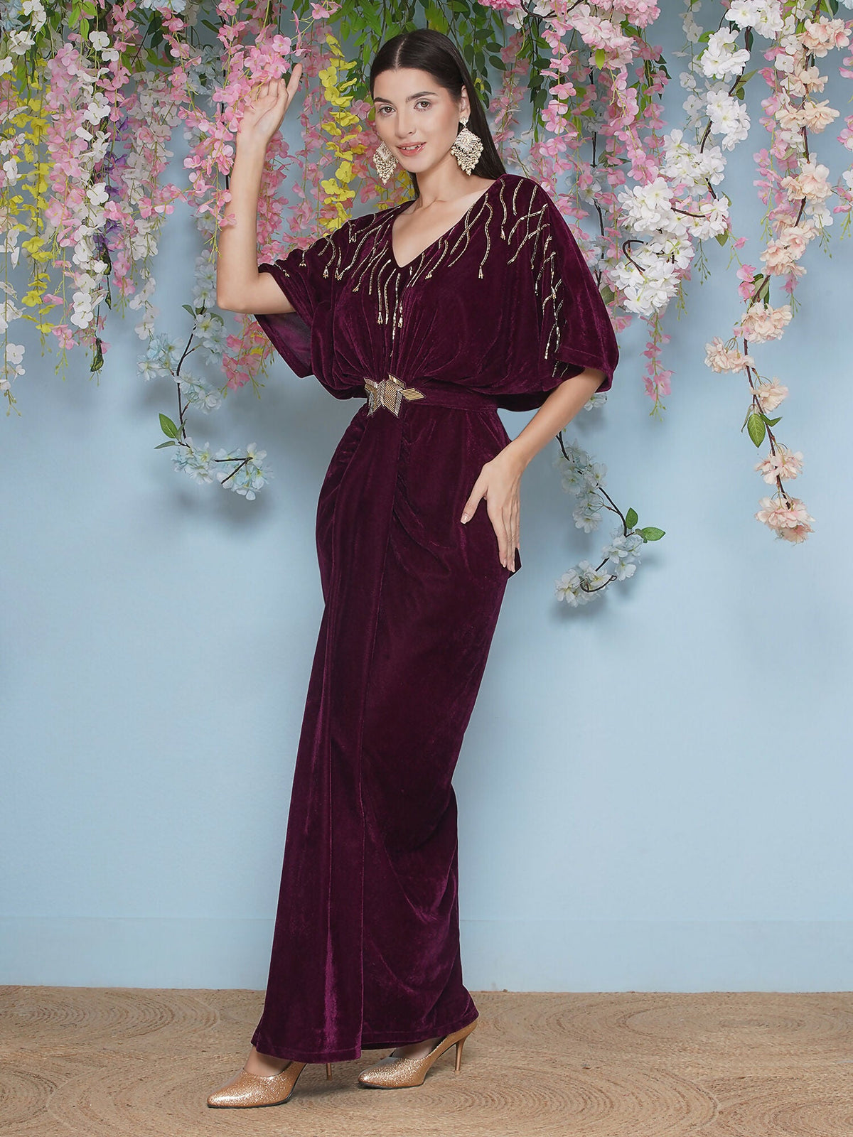 Joban Fashion Wine Hand Embellished Velvet Gown With Belt | Grocsy