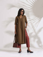 trueBrowns Brown Slub Highslit Kurta Set | Grocsy