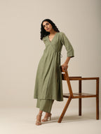 trueBrowns Sage Slub Texture Angrakha Pant Set | Grocsy