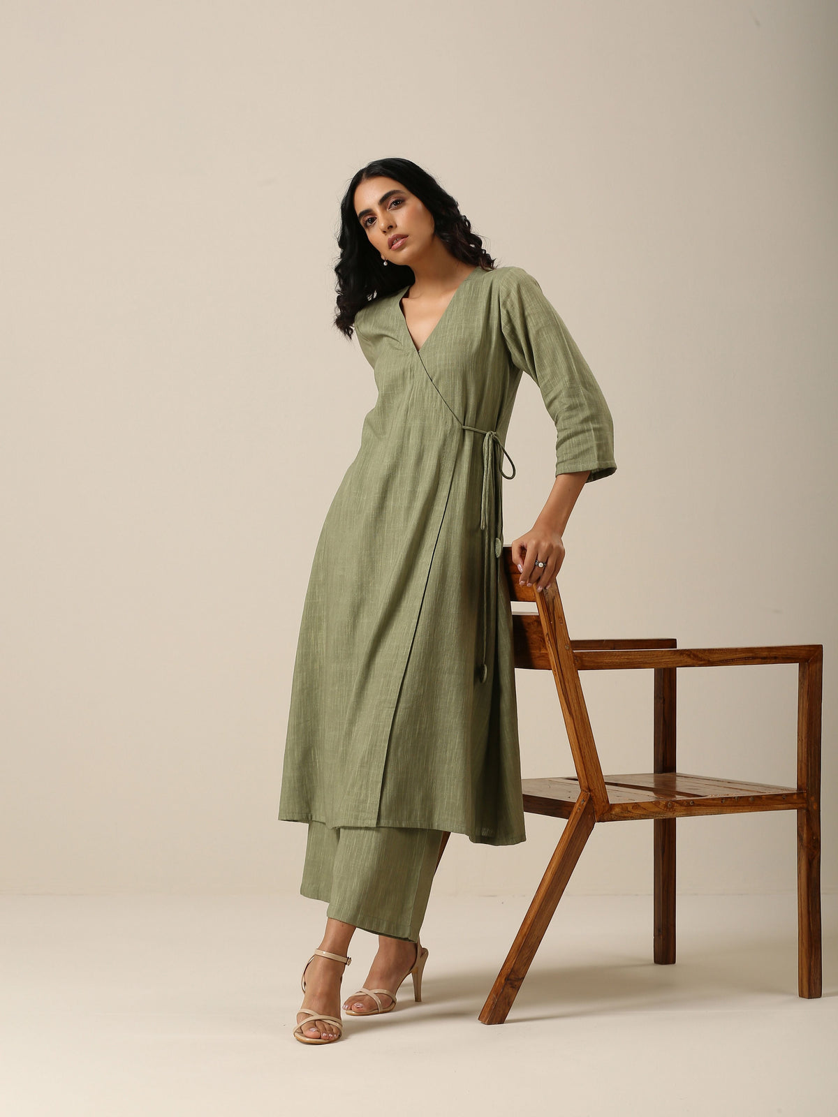 trueBrowns Sage Slub Texture Angrakha Pant Set | Grocsy