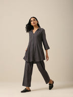 trueBrowns Slate Grey Slub Texture Collar Short Co-Ord Set | Grocsy