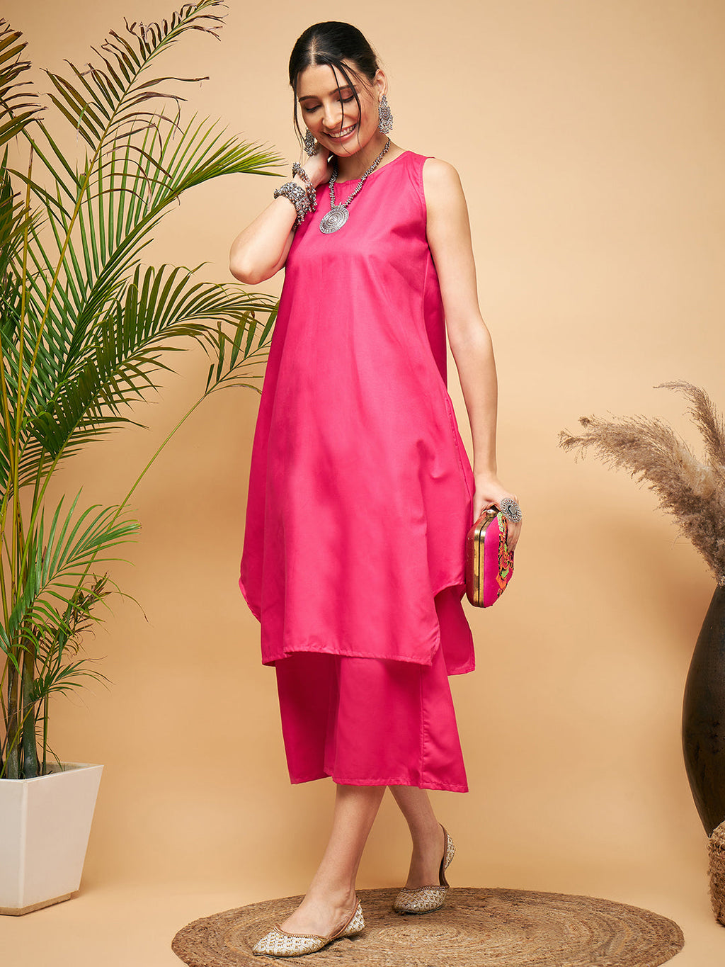 InWeave Women's Fuchsia Short Kurta Palazzo Set | Grocsy