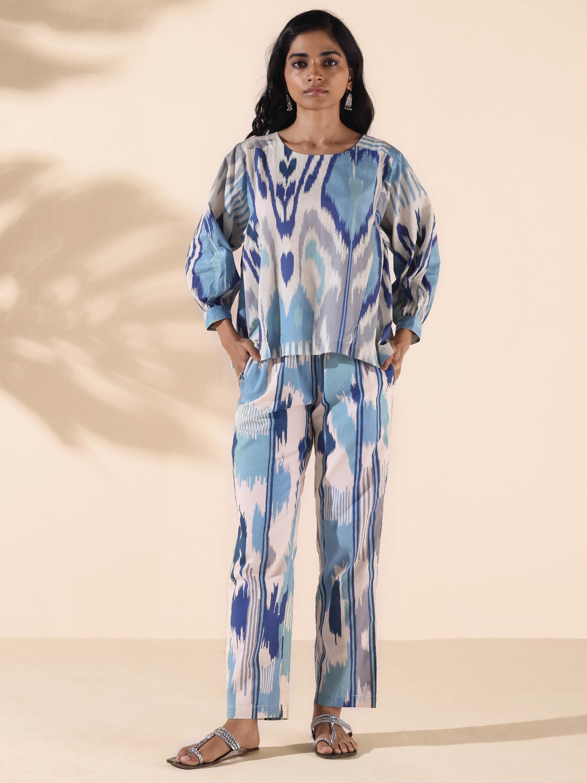 trueBrowns Blue Cotton Ikat Short Co-ord Set | Grocsy