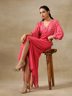 trueBrowns Pink Bandhani Printed Silk Drop Shoulder Dress | Grocsy