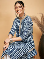 InWeave Women's White Navy Stripe Print Gota Straight Kurta Pant Set | Grocsy