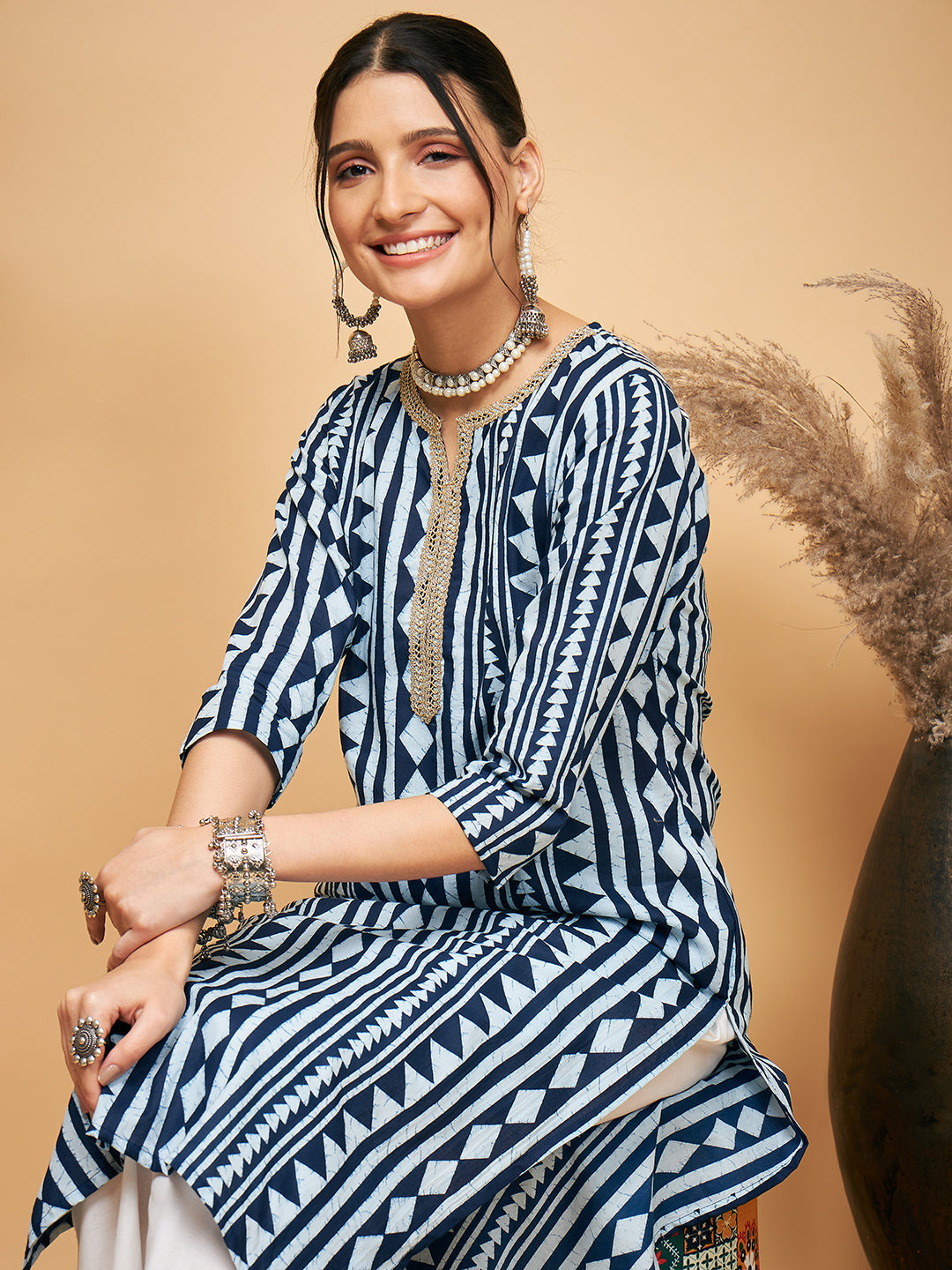 InWeave Women's White Navy Stripe Print Gota Straight Kurta Pant Set | Grocsy