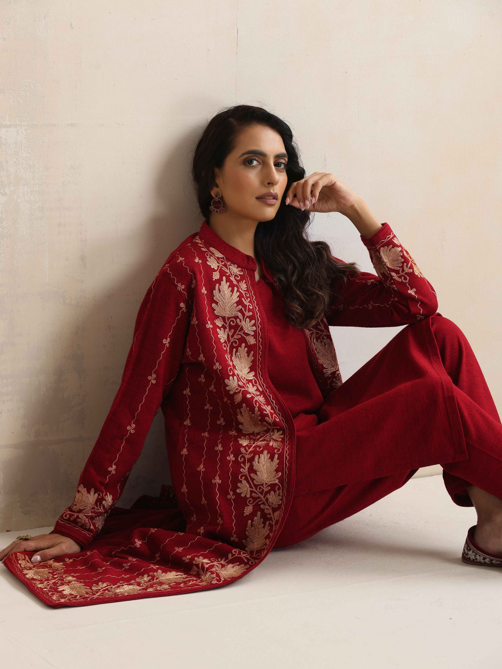 trueBrowns Red Kashmiri Woollen Jacket 3pc Set | Grocsy