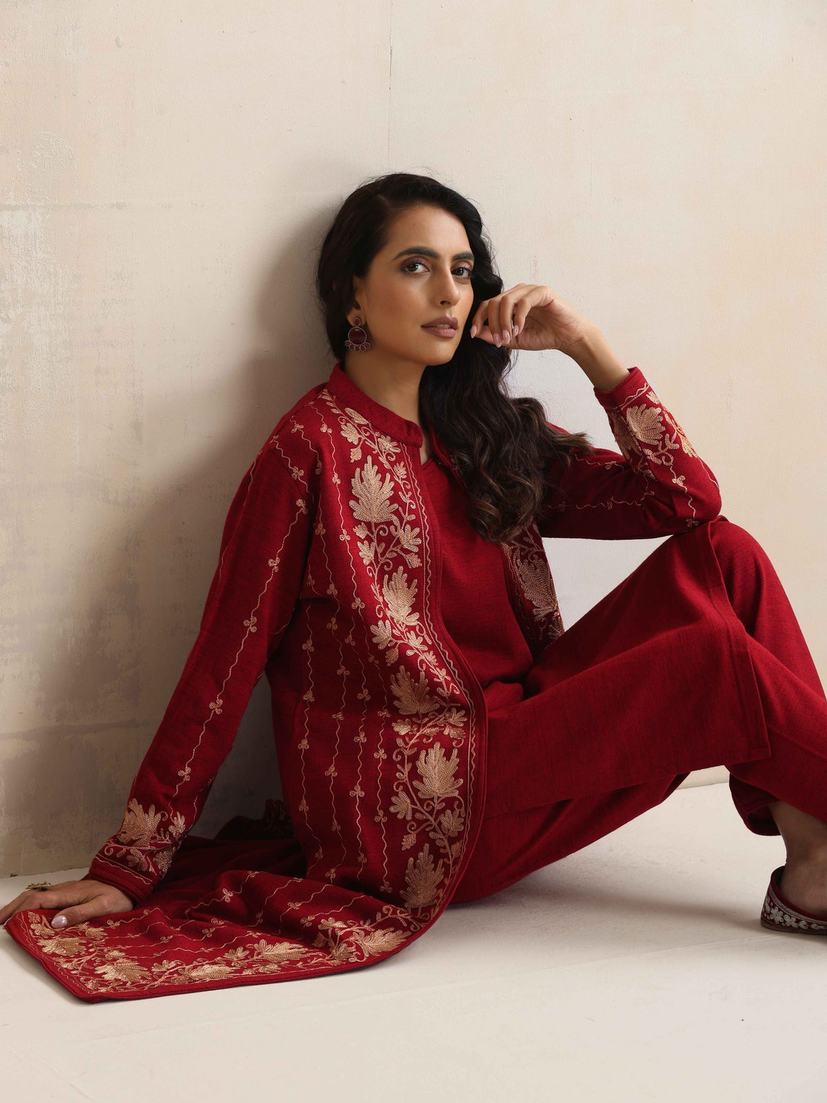 trueBrowns Red Kashmiri Woollen Jacket 3pc Set | Grocsy