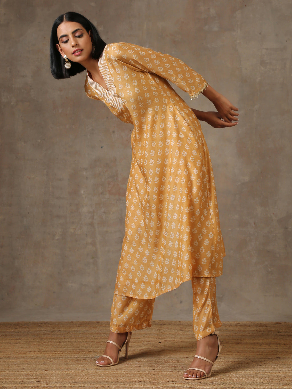 trueBrowns Beige White Flared Printed Silk Kurta Pant Set | Grocsy