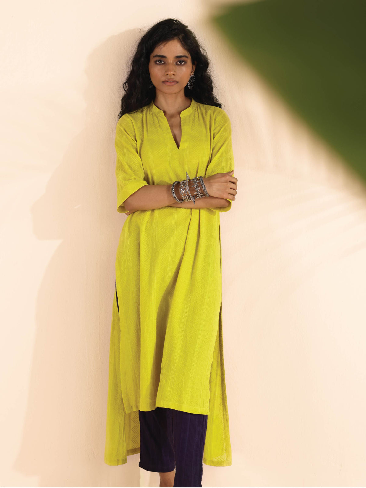 trueBrowns Lime Cotton Dobby High-Low Kurta Pant Set | Grocsy