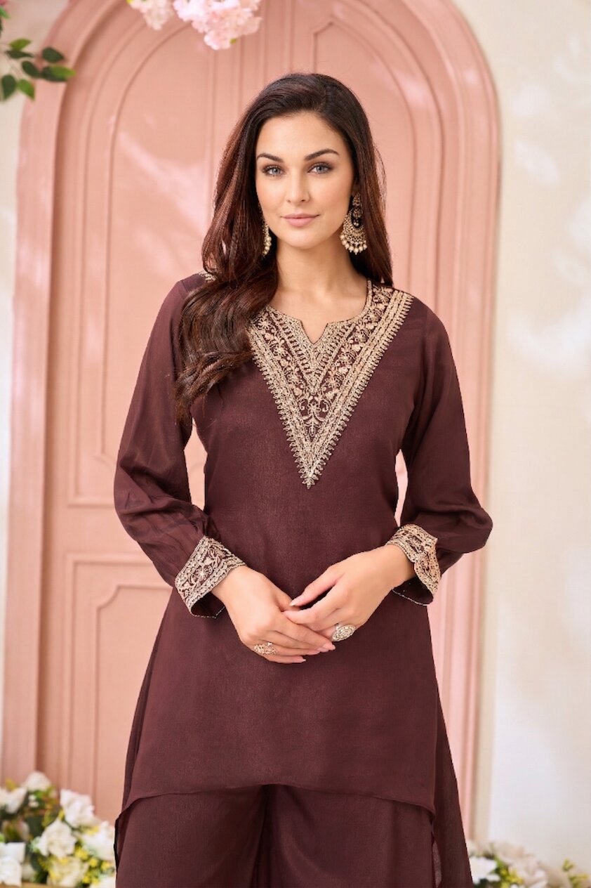 Anaita Coffee Readymade Suit with Coding Work | Grocsy
