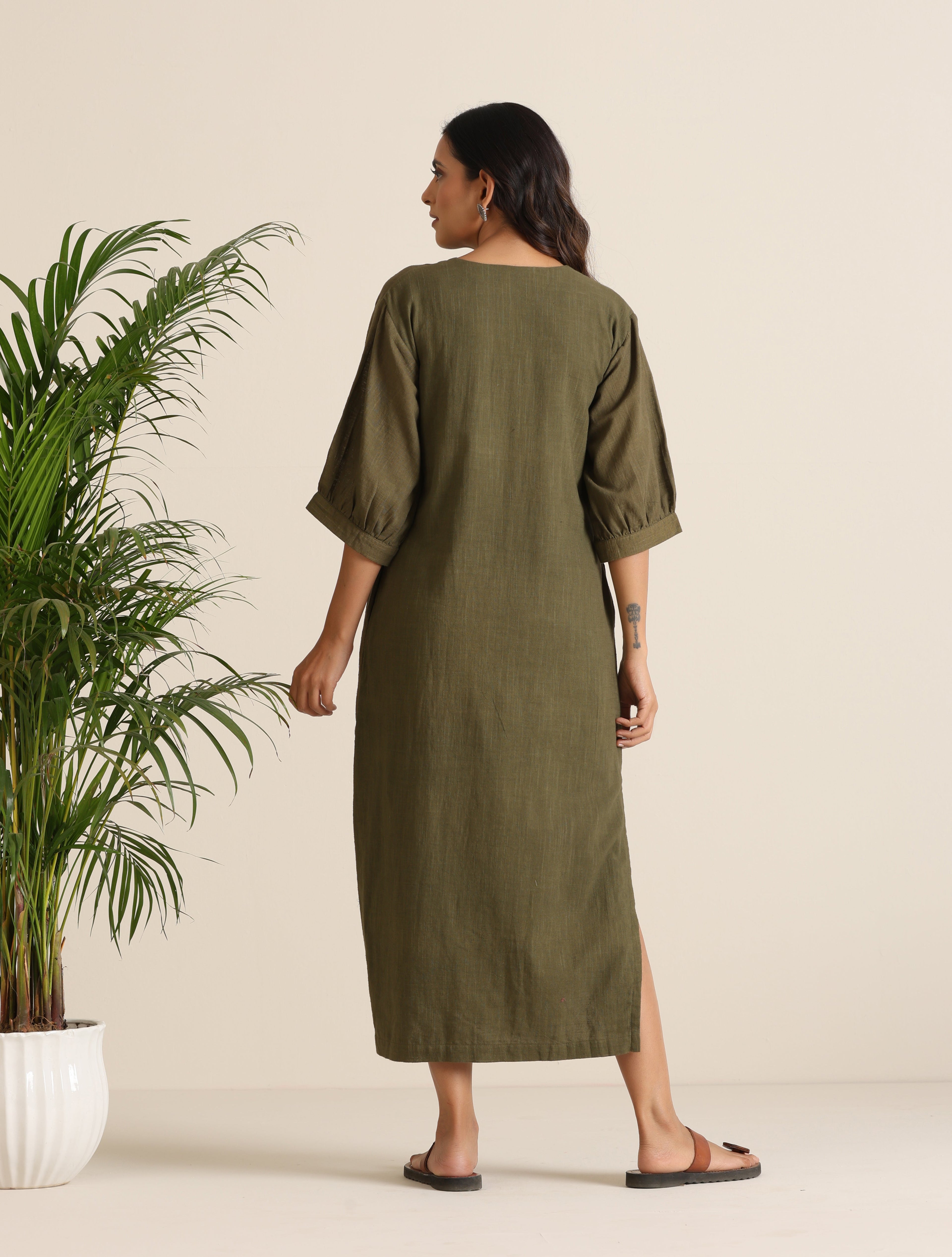 trueBrowns Olive Cotton Embroidered Dress | Grocsy