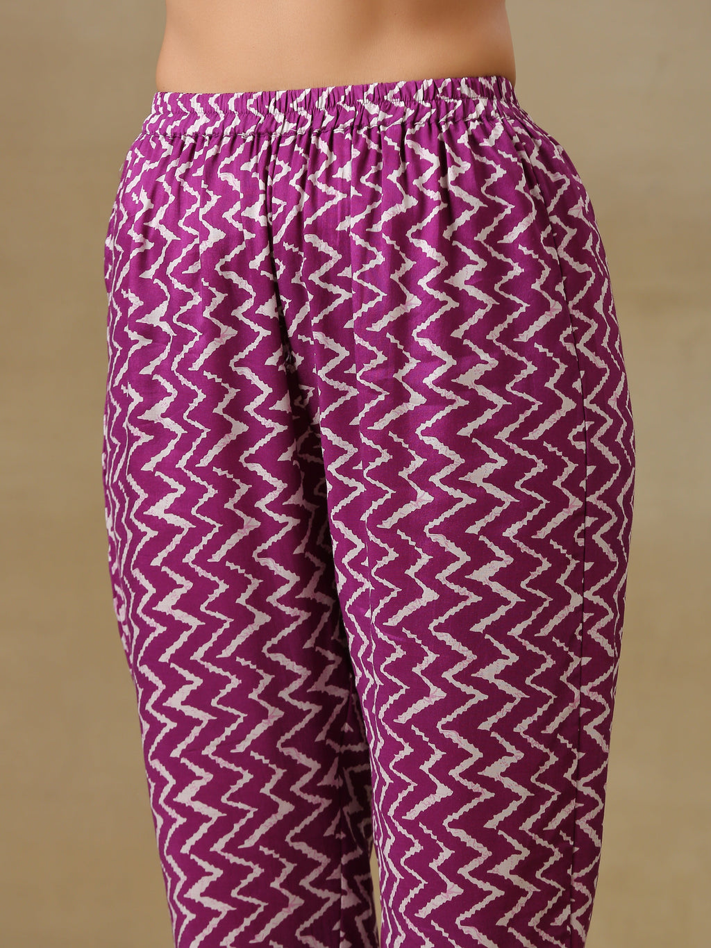 trueBrowns Purple Bandhani Printed Silk One Shoulder Kurta Pant Set | Grocsy