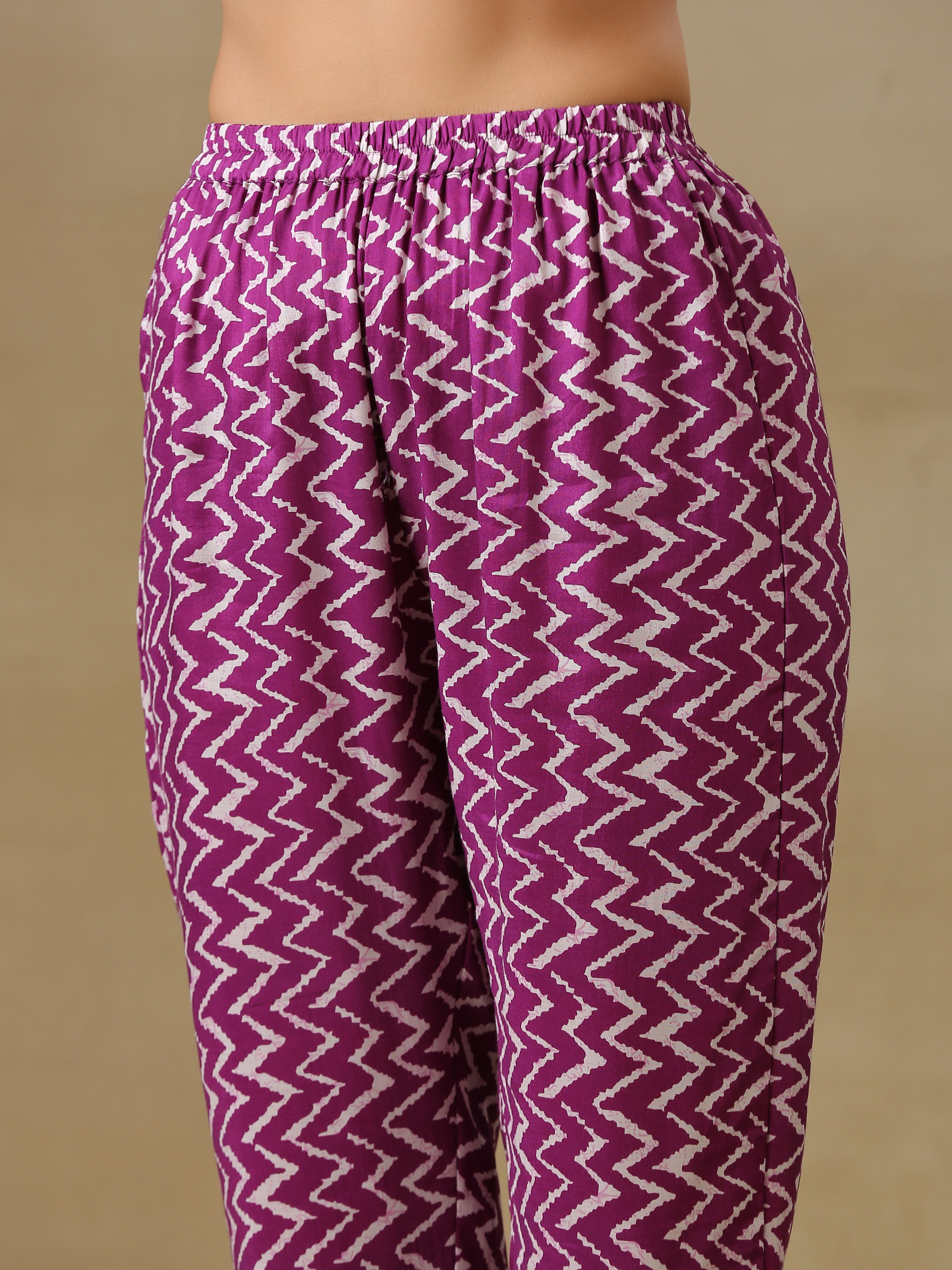 trueBrowns Purple Bandhani Printed Silk One Shoulder Kurta Pant Set | Grocsy