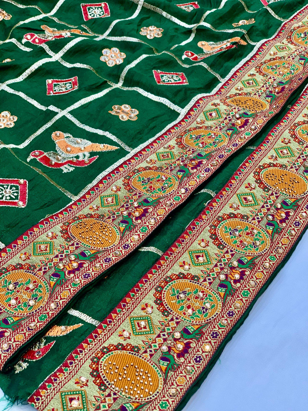Lorenvalley Fashion Premium Green Vichitra Silk Embroidery and Diamond work Both Side Saree | Grocsy