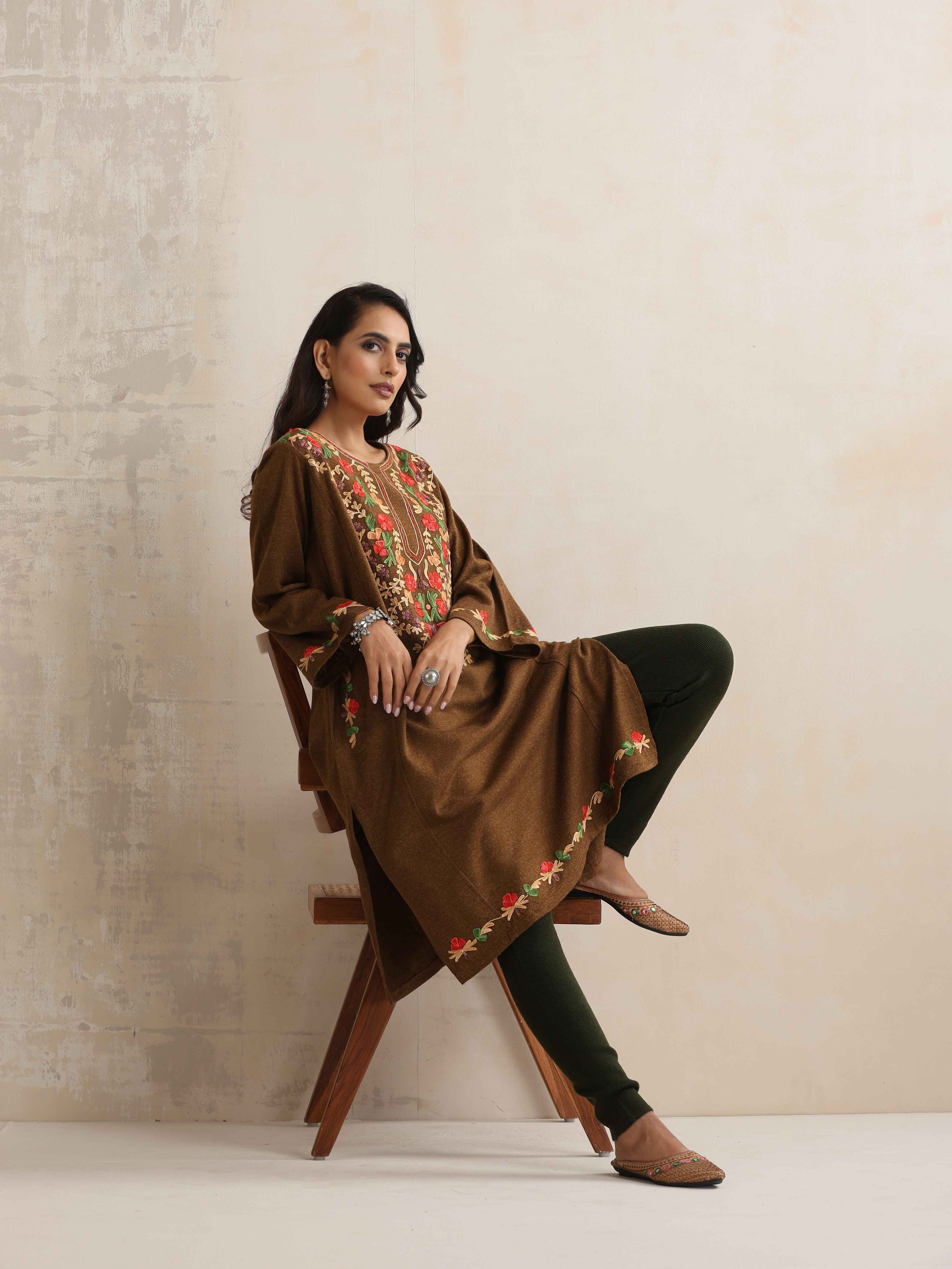 trueBrowns Brown Kashmiri Embroidered Woollen Phiran Kurta | Grocsy