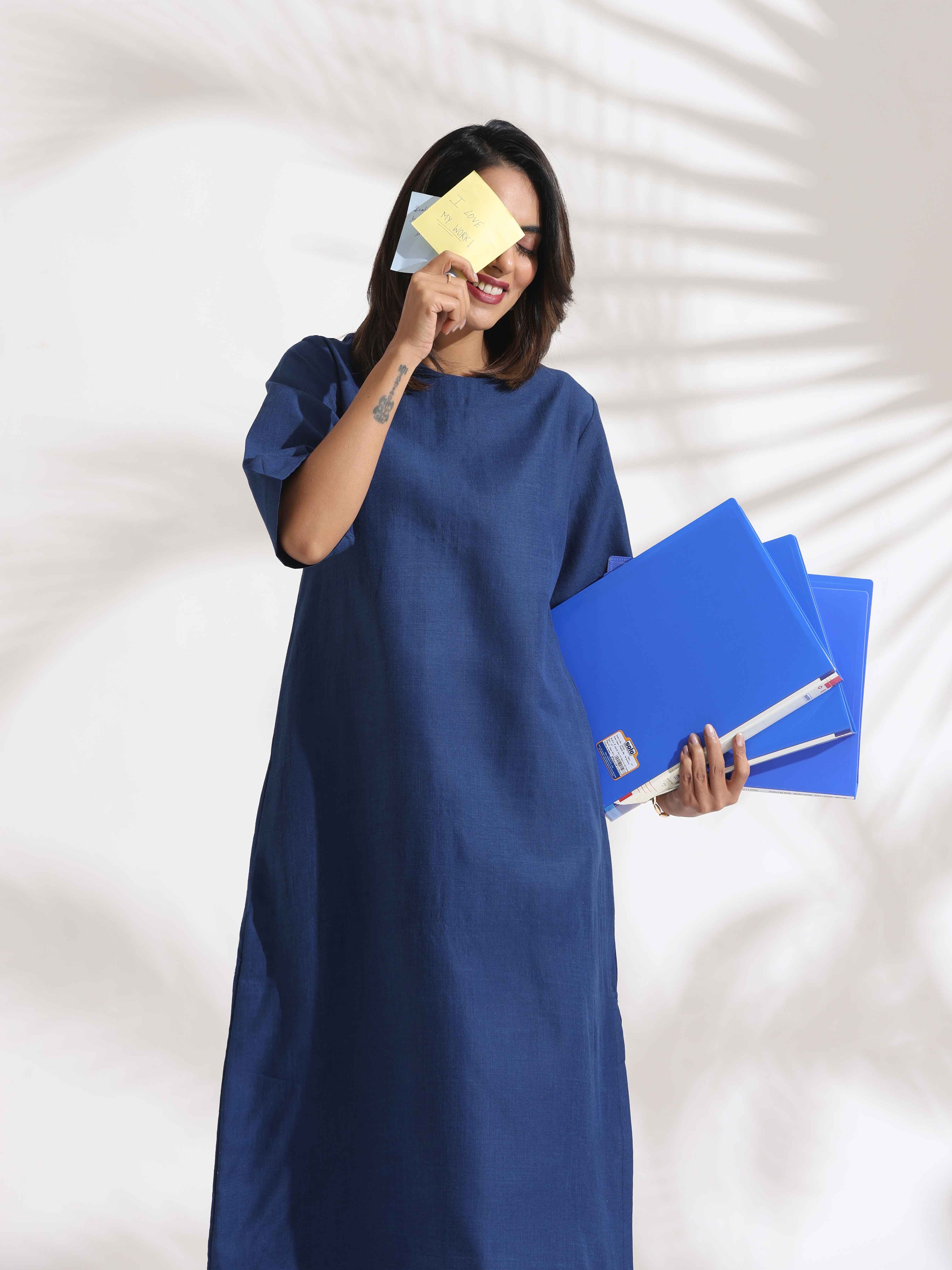 trueBrowns Blue Slub Dress | Grocsy