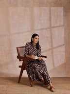 trueBrowns Black Floral Bagru Print Cotton Flared Kurta Pant Set | Grocsy