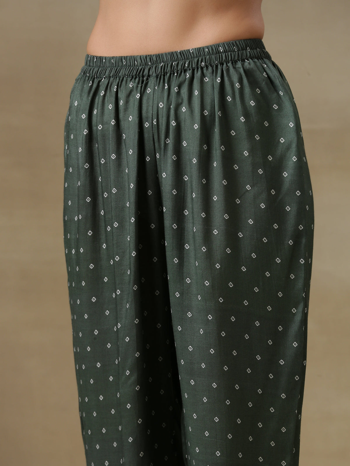 trueBrowns Dark Green Bandhani Printed Silk Angrakha Kurta Pant Set | Grocsy
