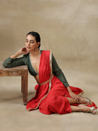 trueBrowns Red Bandhani Printed Silk Skirt Stitched Saree with Belt | Grocsy
