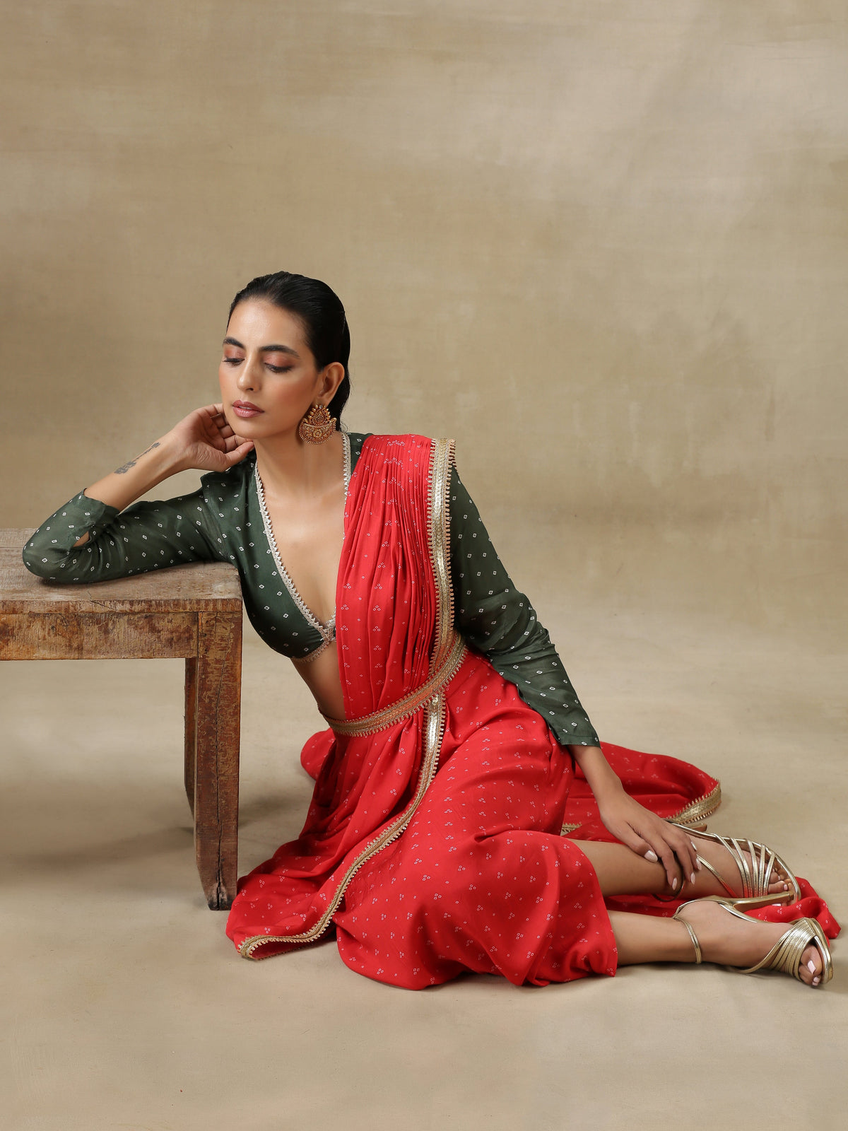 trueBrowns Red Bandhani Printed Silk Skirt Stitched Saree with Belt | Grocsy