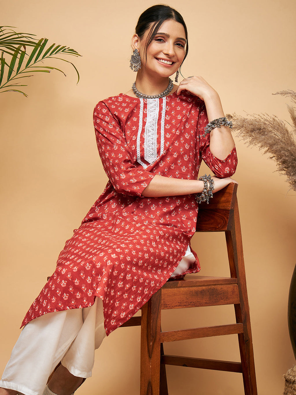 InWeave Women's Rust Small Floral Print Lace Straight Kurta | Grocsy