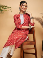 InWeave Women's Rust Small Floral Print Lace Straight Kurta | Grocsy