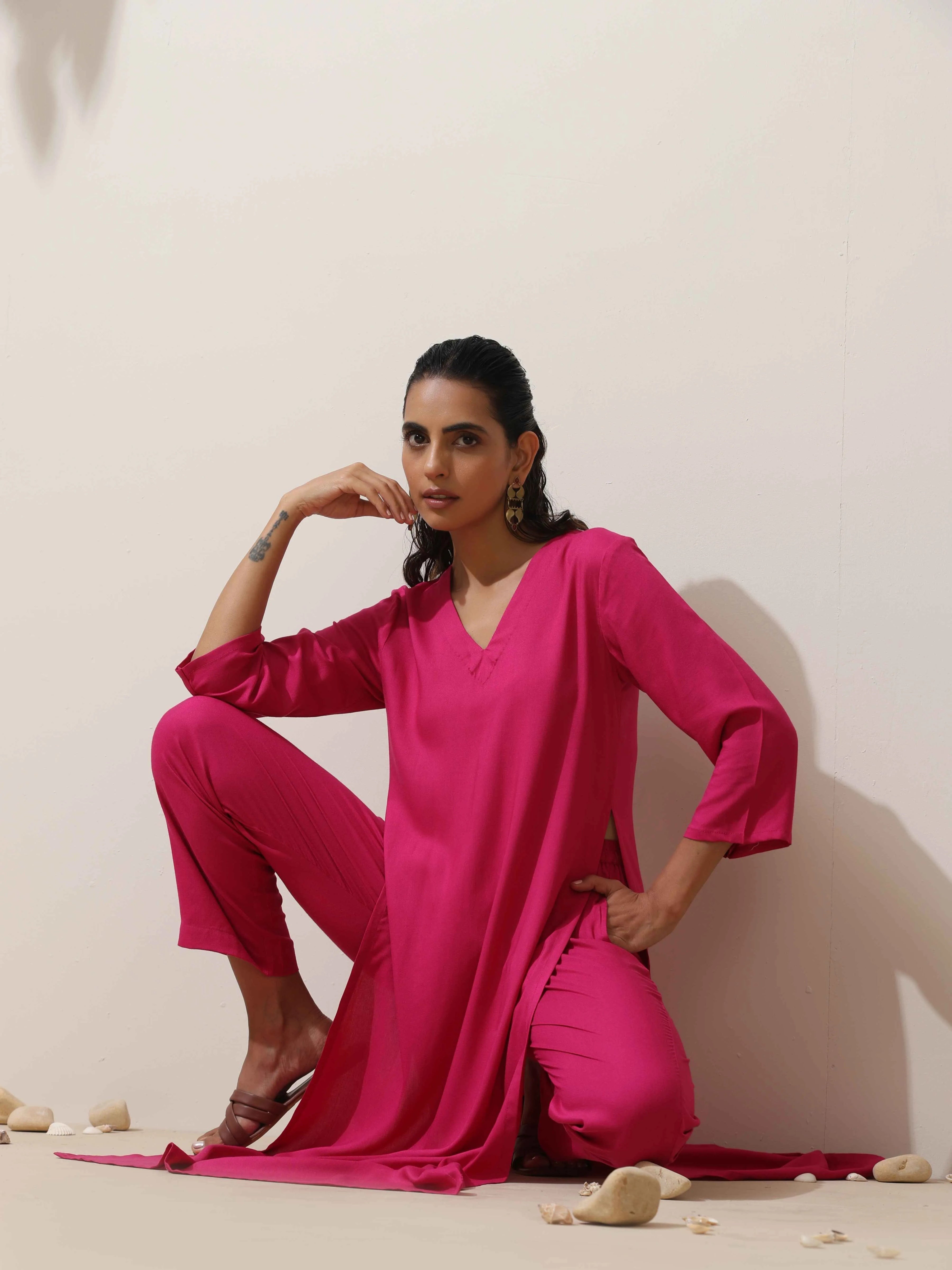 trueBrowns Pink Viscose Kurta Pant Set | Grocsy