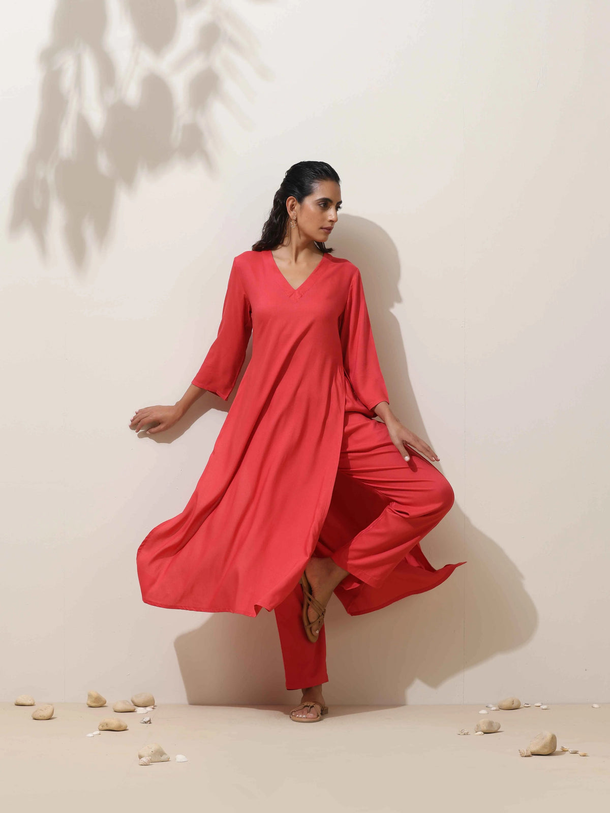 trueBrowns Coral Viscose Solid Kurta Pant Set | Grocsy