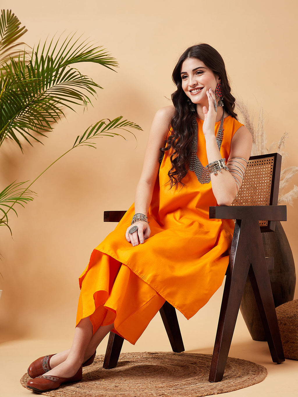 InWeave Women's Tangy Orange Short Kurta Palazzo Set | Grocsy