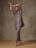 trueBrowns Grey Pink Floral Printed Silk Co-Ord Set | Grocsy