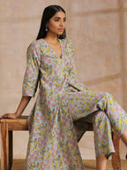 trueBrowns Grey Overall Floral Block Print Cotton Angrakha Kurta Pant Set | Grocsy