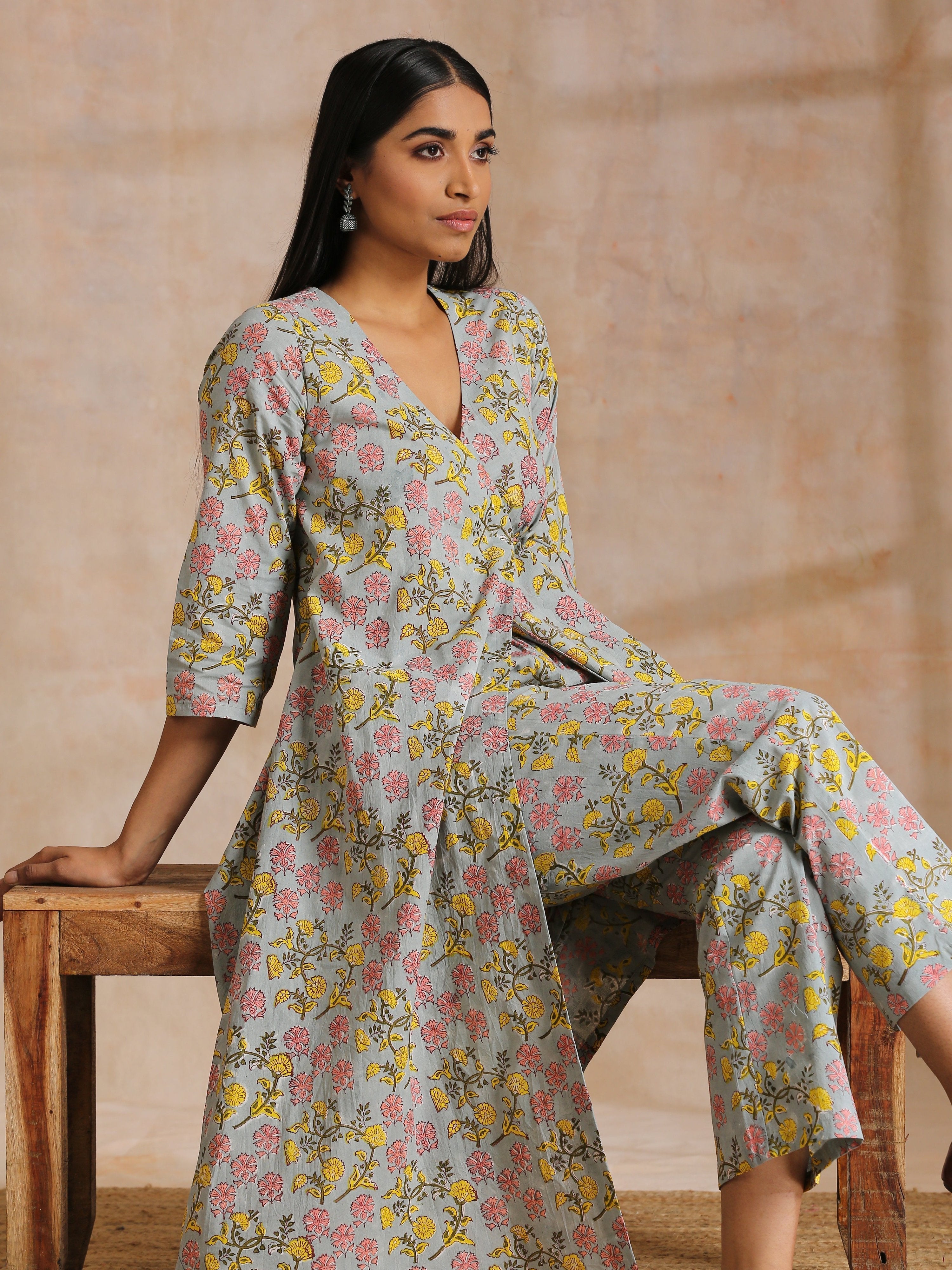 trueBrowns Grey Overall Floral Block Print Cotton Angrakha Kurta Pant Set | Grocsy