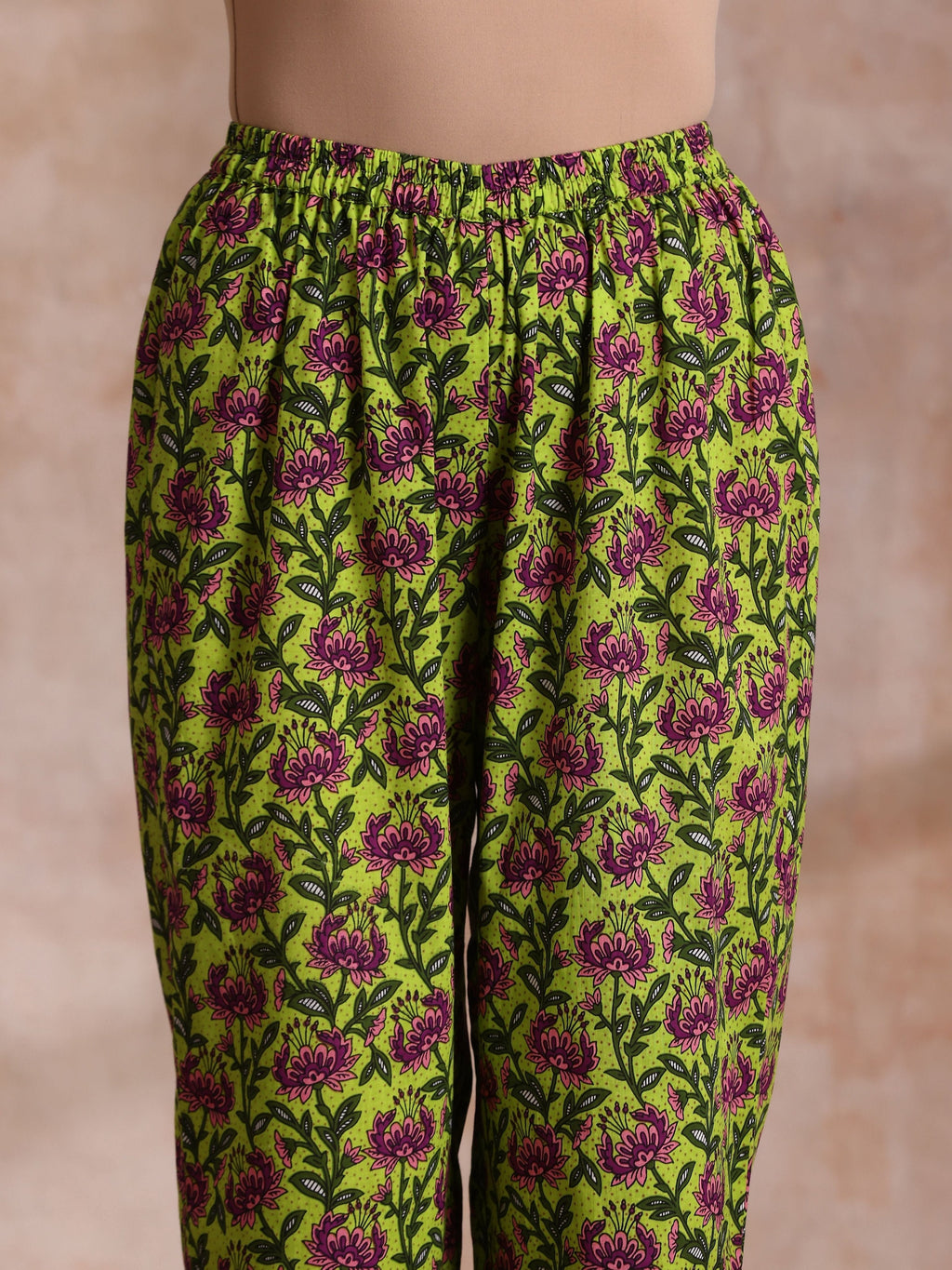 trueBrowns Lime Green Overall Pink Floral Block Print Cotton Flared Kurta Pant Set | Grocsy