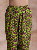 trueBrowns Lime Green Overall Pink Floral Block Print Cotton Flared Kurta Pant Set | Grocsy