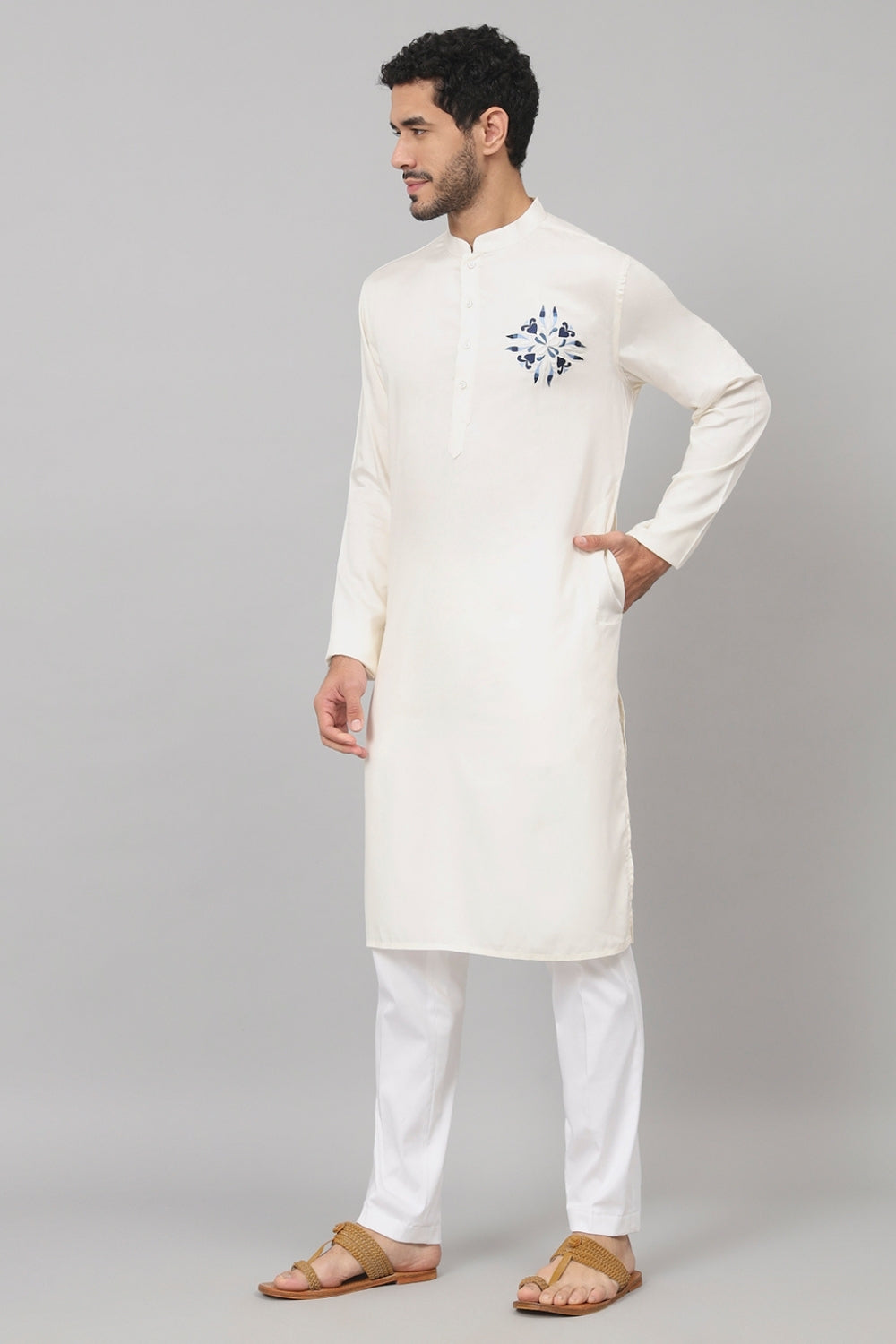 Motif Embroidered Cotton Kurta by Hilo Design | Grocsy