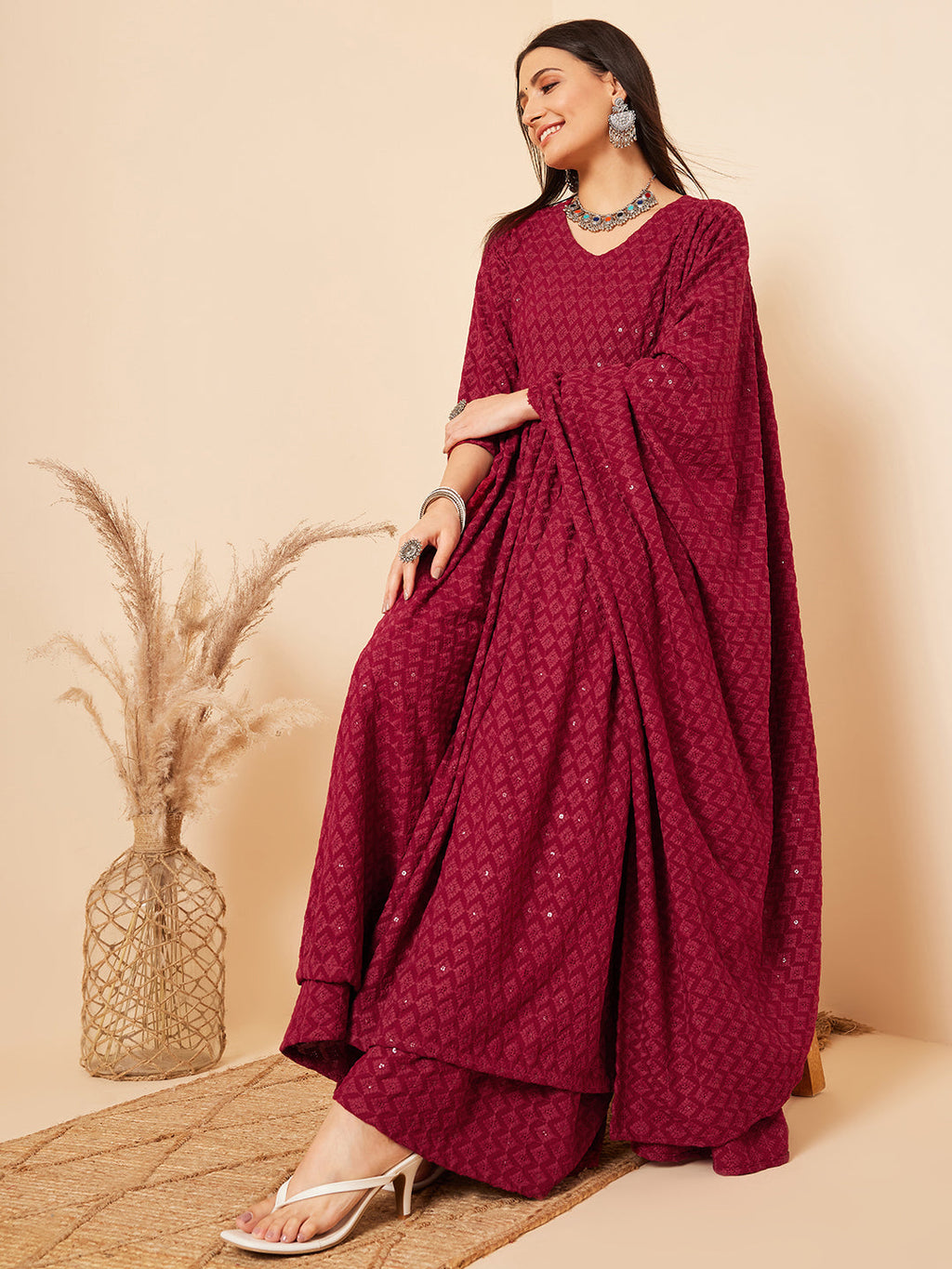 InWeave Women's Maroon Chikankari Long Anarkali Kurta Palazzo Set W Dupatta | Grocsy