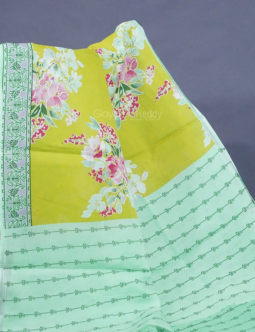 Lime Greencolour Block Print Pure Mulmul Cotton Saree By Gayathri Reddy Designer Studio | Grocsy