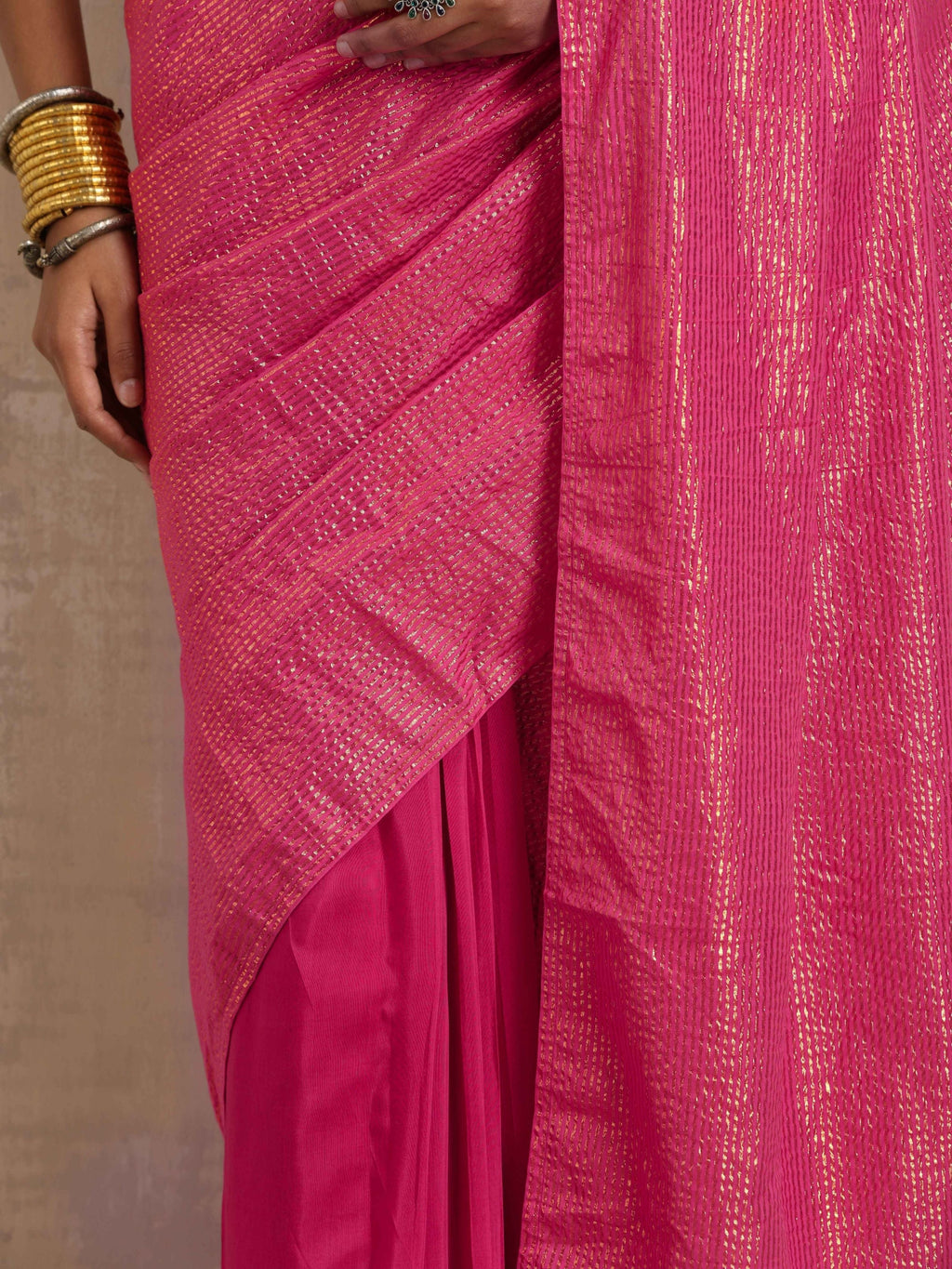 trueBrowns Pink Gold Lurex Ready To Wear Saree | Grocsy