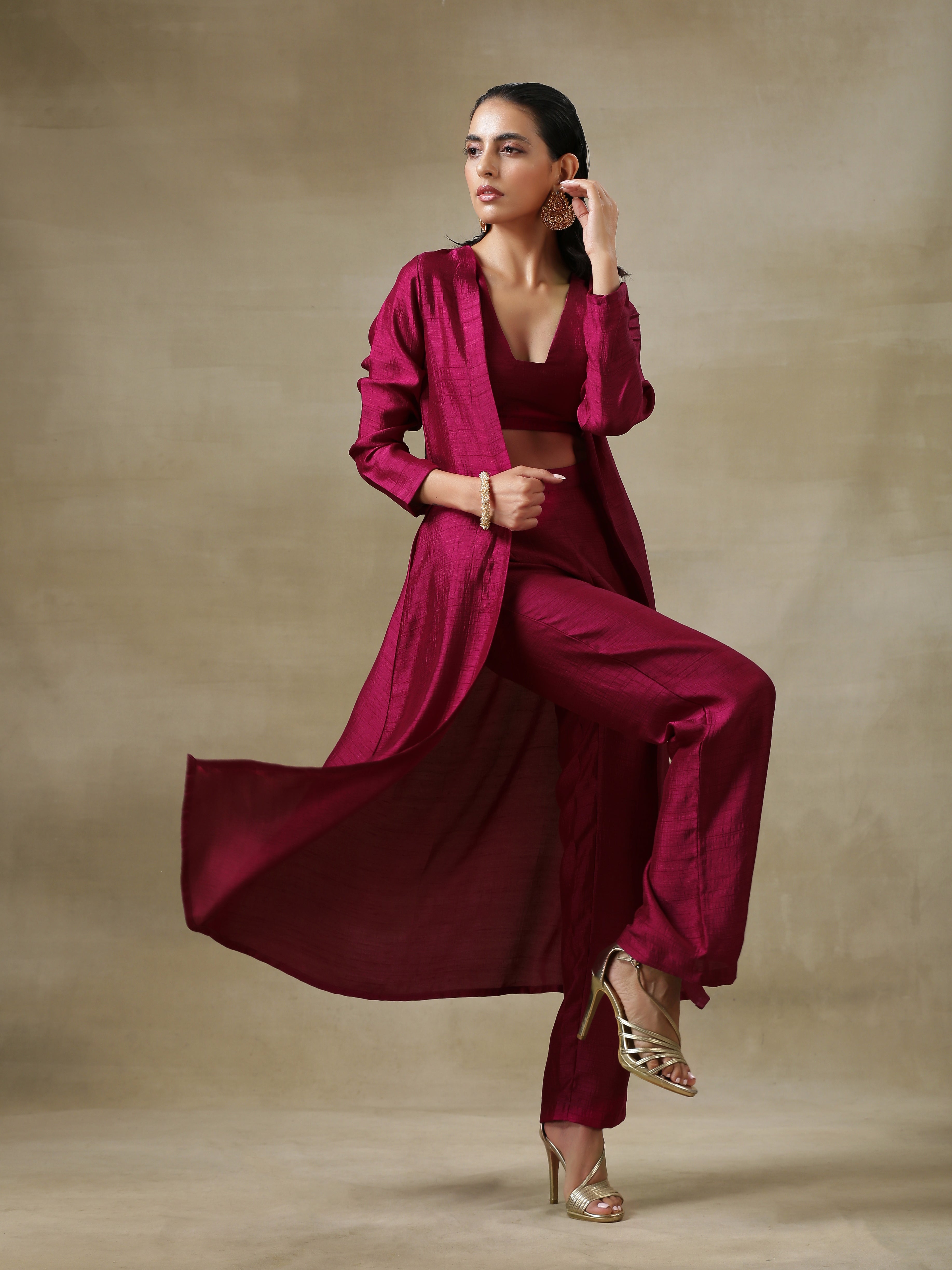 trueBrowns Purple Textured Silk Overlay Jacket Blouse Pant Set | Relove | Grocsy