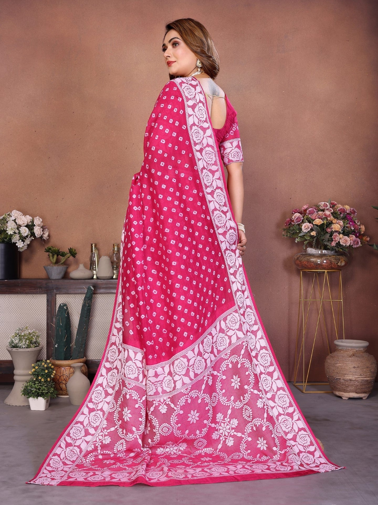 Anaita Pink Handmade Bandhej Viscose Silk Saree With Blouse | Grocsy