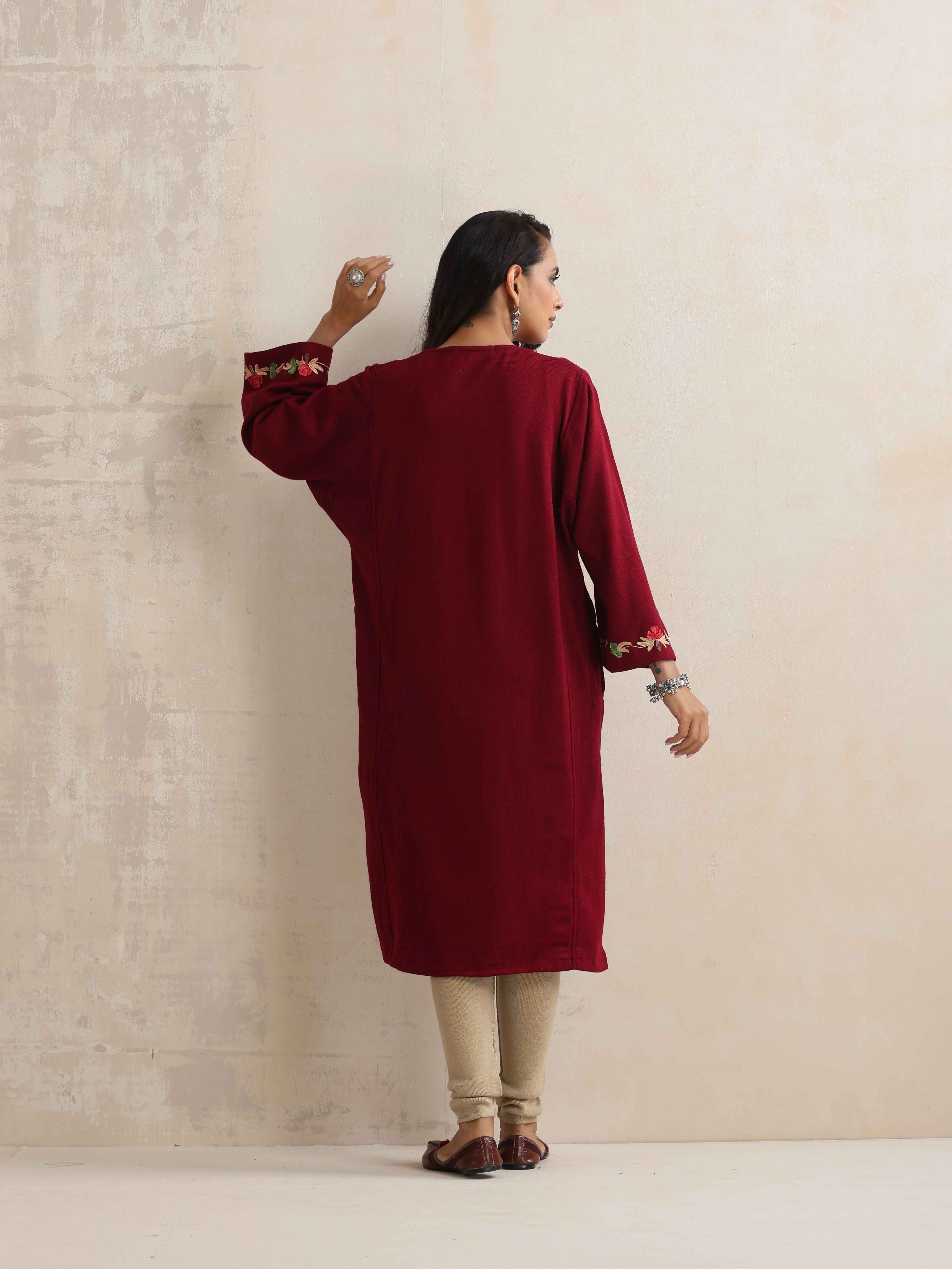 trueBrowns Maroon Kashmiri Embroidered Woollen Phiran Kurta | Grocsy