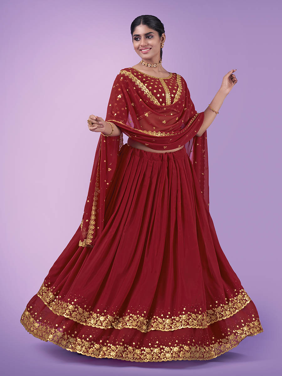 Myra Red Georgette Embroidered Designer Lehenga | Grocsy