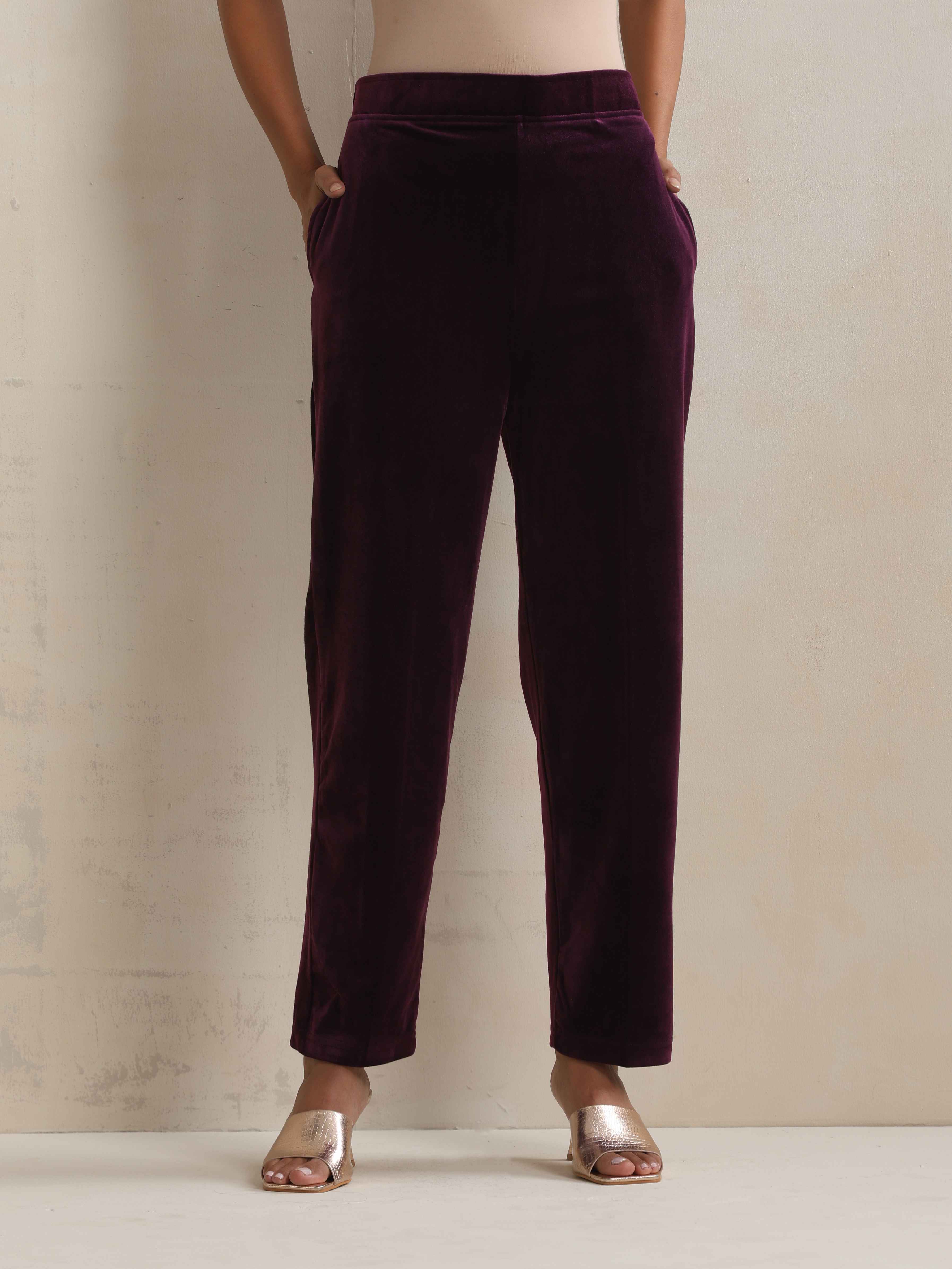 trueBrowns Purple Velvet Floral Embroidered Kurta Pant Dupatta Set | Grocsy