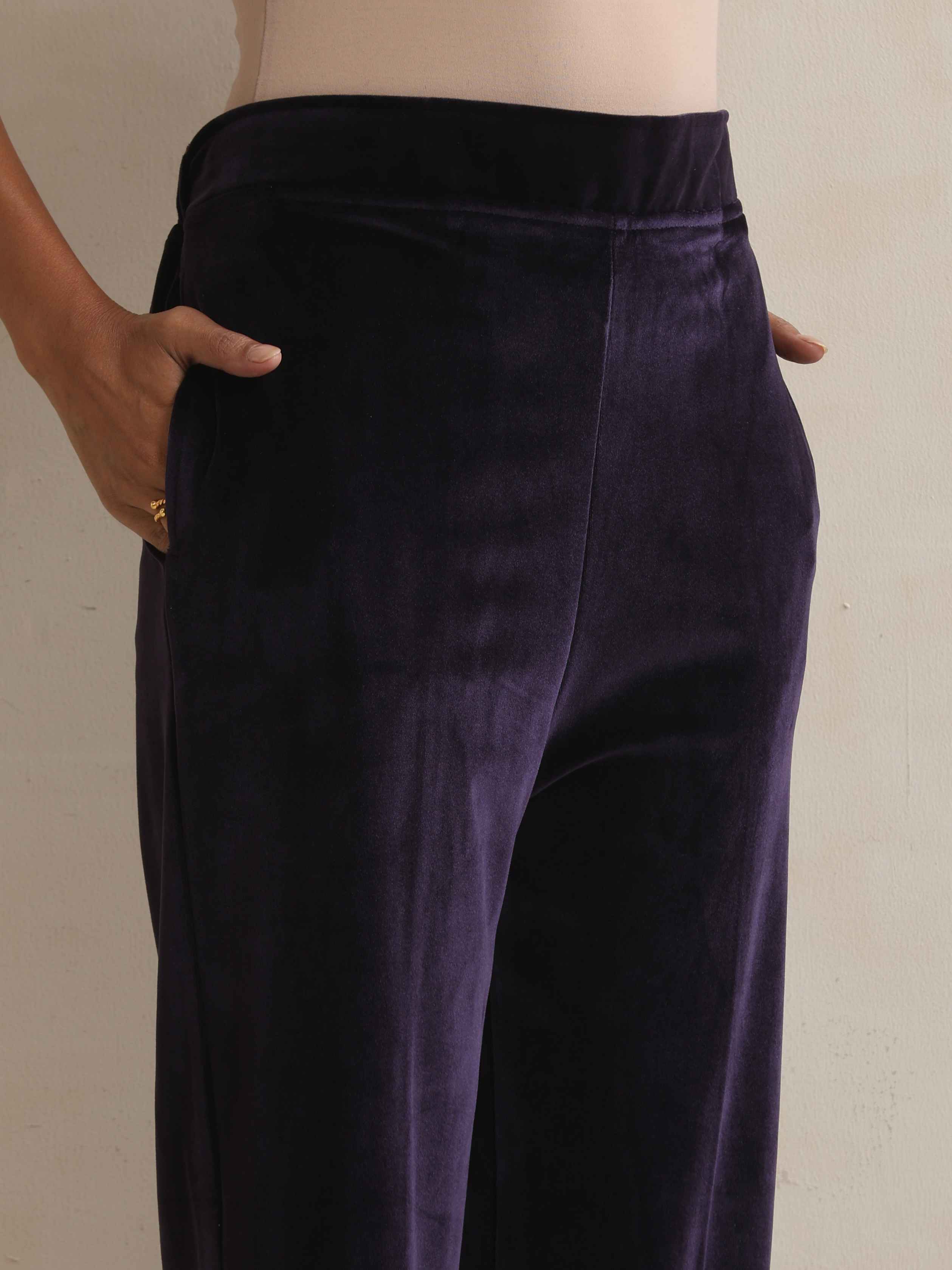 trueBrowns Purple Velvet Embroidered Kurta Pant Dupatta Set | Grocsy