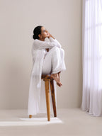 trueBrowns White Dobby Overlay Jacket Blouse Pant Set | Grocsy
