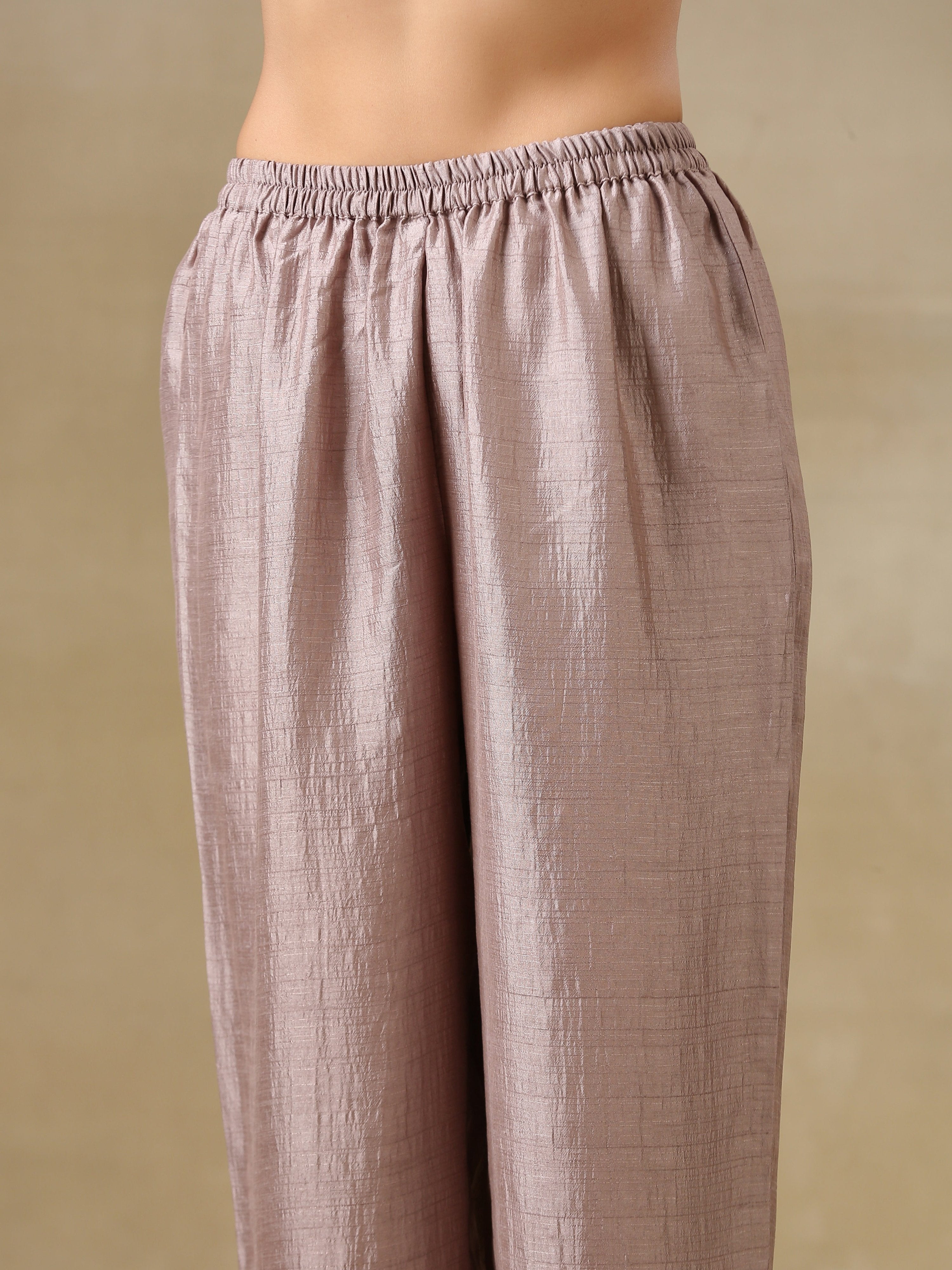 trueBrowns Grey Textured Silk Deep V-Neck Co-Ord Set | Grocsy